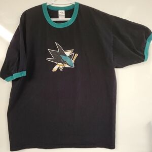 90s Vintage San Jose Sharks Bulletin Tag, Black And Turquoise RInger Tshirt, XL